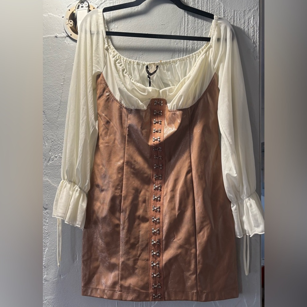 Mad For Love" off-the-shoulder faux leather mini dress,